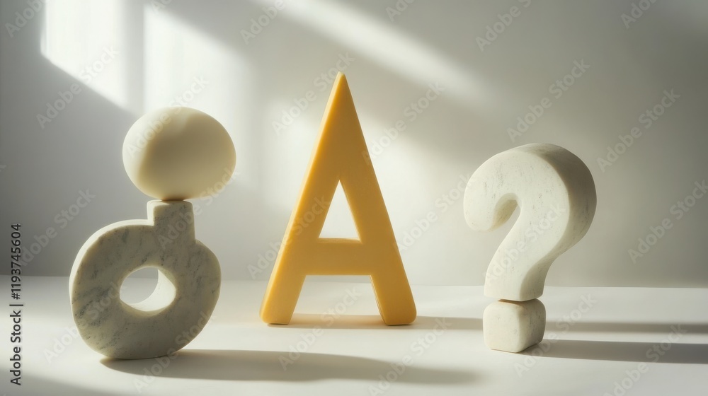 Poster abstract composition with geometric shapes including a yellow triangle, a white sphere, and a marble