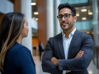 Professional conversation in a modern office setting