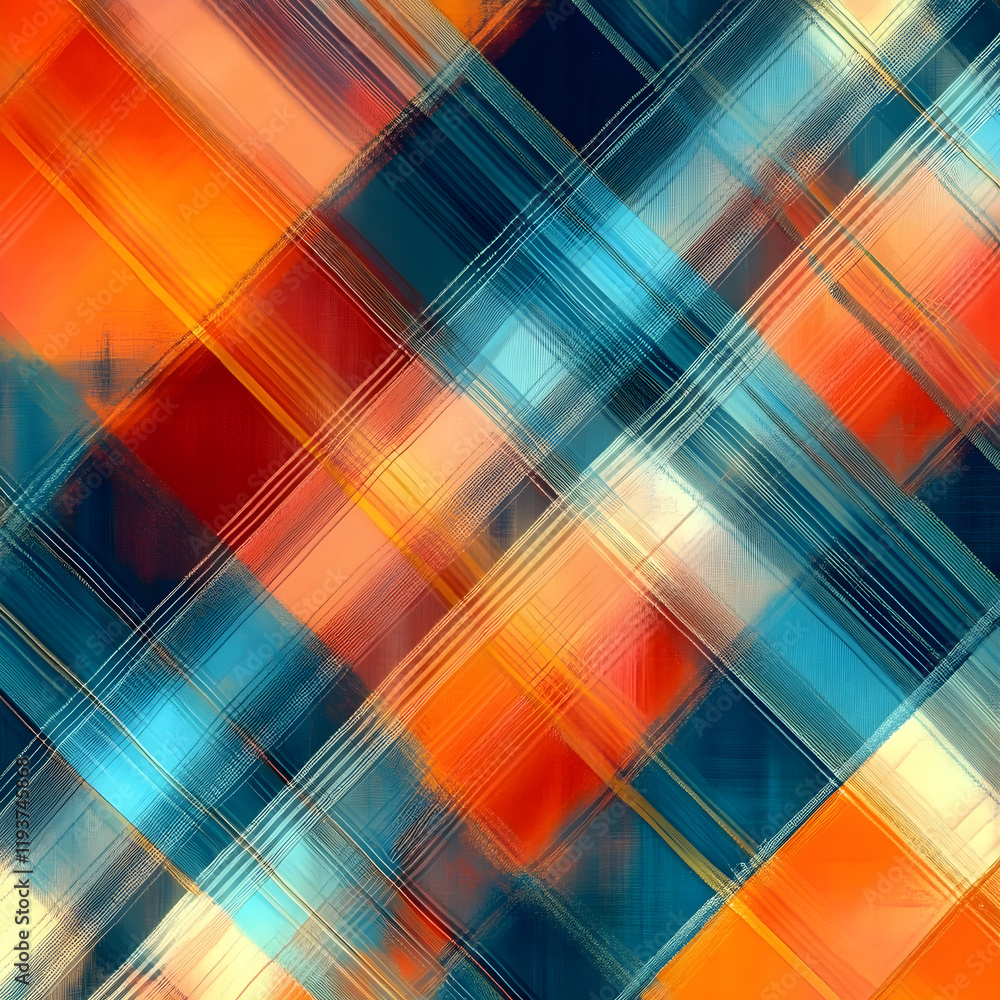 Poster abstract background with intertwined orange, blue, and white stripes creating dynamic checks pattern