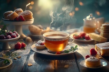 cup of aromatic tea on wooden table surrounded by delicious desserts and ingredients