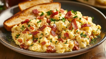 Scrambled eggs with crispy bacon and toasted bread garnished with fresh herbs