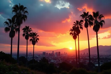 Palm trees sway gently in the warm sunlight against a dramatic LA skyline at dusk, sunset, LA skyline, palm trees