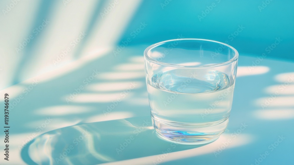 Poster clear glass of water on table with soft shadow and blue background creating calm and refreshing ambi