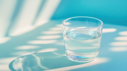 Clear Glass of Water on Table with Soft Shadow and Blue Background Creating Calm and Refreshing Ambiance for Lifestyle and Wellness Themes