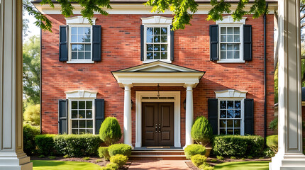 Classic Red Brick House Exterior with Elegant Porch and Landscaping.  A beautiful example of traditional architecture and home design.