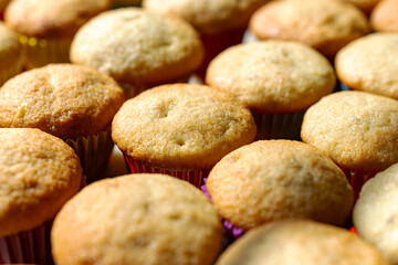 Rows and rows of mini banana muffins on a kitchen table