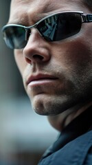 Obraz premium Close-up of a secret service agent wearing sunglasses and a dark suit. Secret agent with impeccable posture and neutral expression ready to act.