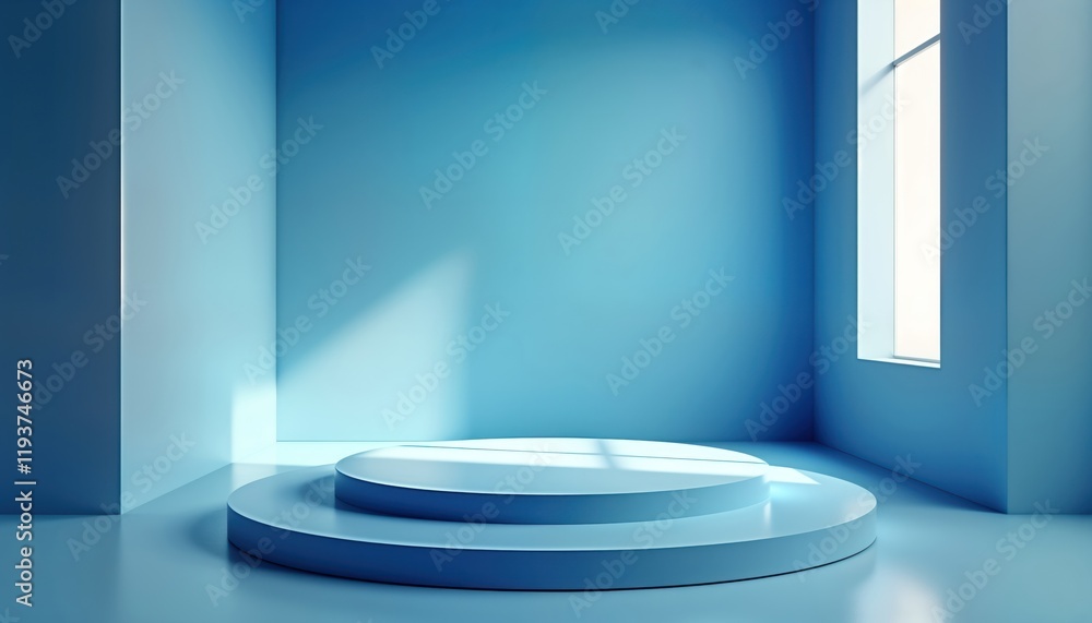 Poster Empty light blue podium in corner room. Sunlight shines through window. Minimalist design. Modern product display area. Modern interior. Blank space for product placement. Presentation platform.