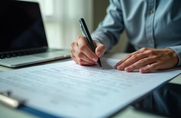 Person signs contract documents. Business person meticulously completes paperwork. Focuses on form completion. Business deals, real estate agreements. Success concept. Business professional, client.