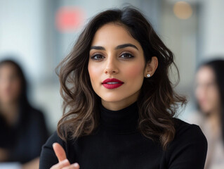 Confident woman engaging in a discussion at a meeting