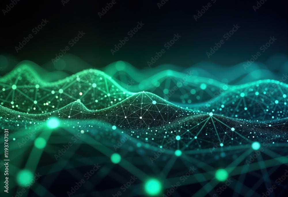 Poster Abstract dynamic futuristic network flow. Green, blue glowing particles form wavy shapes. Lines, dots connect creating complex digital network pattern. Tech design for modern presentation wallpaper.