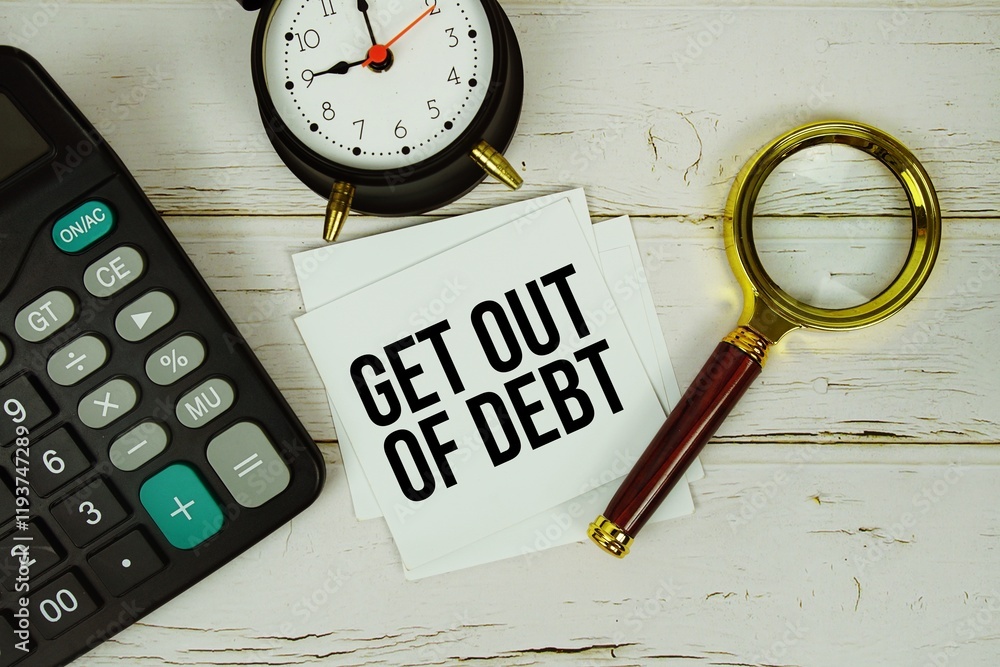 Poster get out of debt text message on sticky note with magnifying glass, alarm clock and calculator on woo