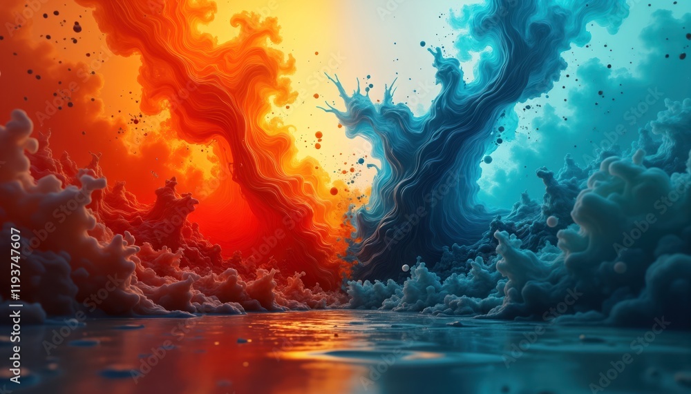 Poster Abstract scene shows clash between fire, ice. Vivid colours contrast dynamic shapes. Abstract forms resemble clouds. Water-like element separates fiery red shapes, icy blue. Energy, motion evident.