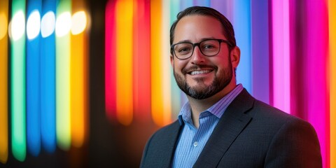 Business professional smiling in colorful neon lights urban setting portrait nighttime concept of confidence