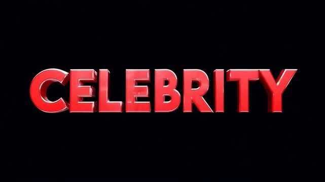 Glossy red celebrity word spinning dynamically, revealing fame and recognition through vivid 3d typography rotating against sleek black background, embodying entertainment world's visual essence