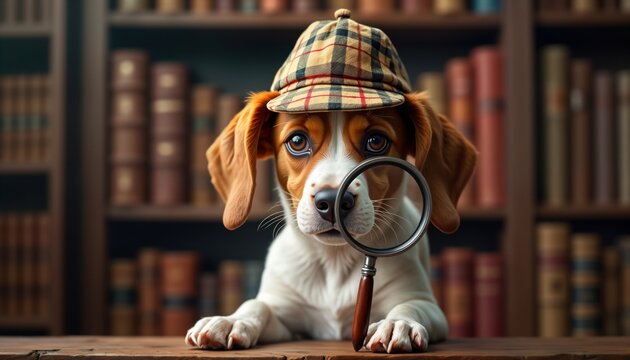 Cute beagle puppy detective wears detective hat, holds magnifying glass. Dog investigates mystery in library setting. Playful, curious dog searches for clues. Whimsical, engaging image suitable for