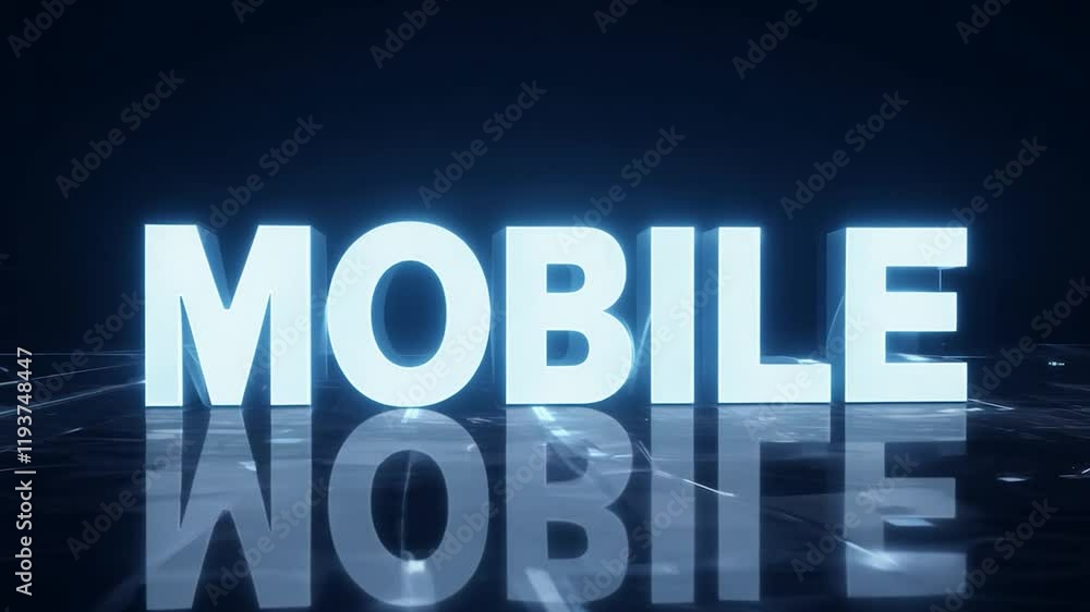 Poster luminous white mobile text glowing on dark reflective surface, revealing innovative communication te