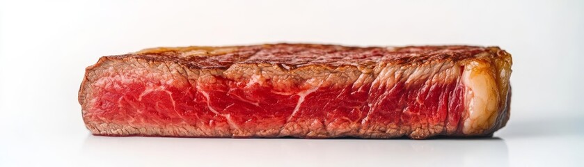 Fototapeta premium A medium-rare ribeye steak slice, culinary detail, photorealistic macro photography, vibrant colors and marbled texture, isolated on white background