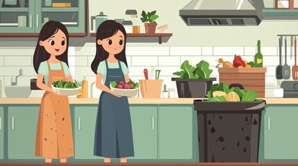 An illustration of two women happily arranging fresh vegetables in a modern kitchen, symbolizing sustainable lifestyle and culinary passion in a cartoon style.