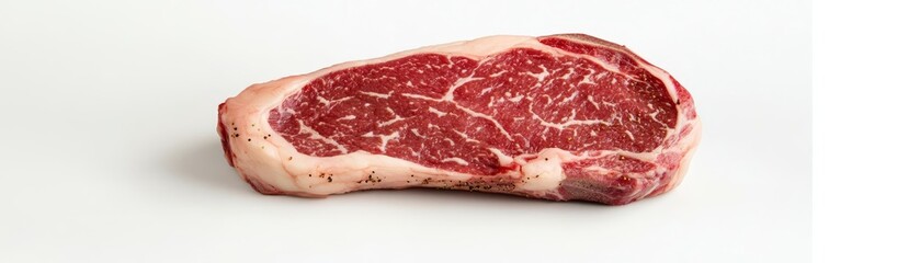 Fototapeta premium A raw ribeye steak, butcher s cut, ultra-realistic texture, marbled fat details with seasoning, isolated on white background