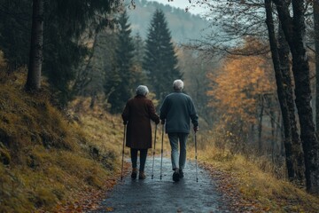 Obraz premium An elderly couple strolls together on a tranquil path in the forest, using walking sticks. The vibrant autumn foliage surrounds them, creating a serene atmosphere