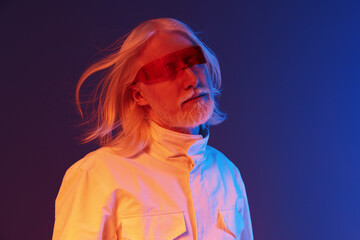 Futuristic portrait of a man with long white hair and sunglasses, showcasing a striking blend of blue and orange lighting, creating an avant garde aesthetic