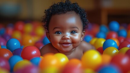 Obraz premium A baby is laying in a pile of colorful balls. The baby is smiling and he is enjoying the experience
