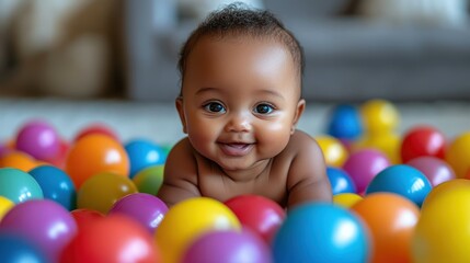 Obraz premium A baby is laying in a pile of colorful balls. The baby is smiling and he is enjoying the experience