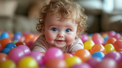 Obraz premium A baby is laying in a pile of colorful balls. The baby is smiling and he is enjoying the experience