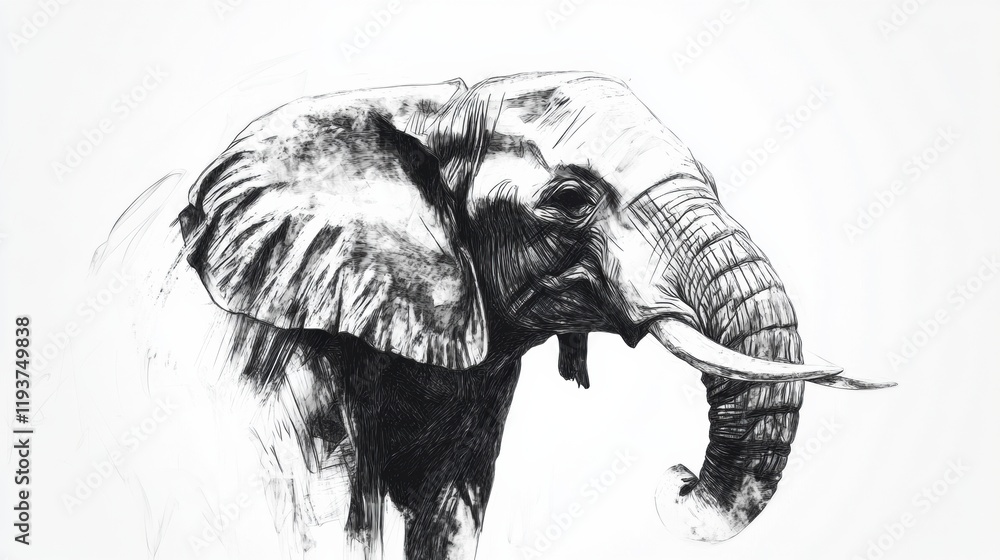 Poster detailed illustration of an elephant showcasing its majestic features and iconic trunk in a peaceful