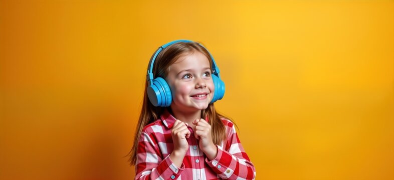 Little girl wearing wireless headphones enjoys listening to music. Smiling, looking upwards. Casual attire, red, white checkered shirt, complements bright orange background. Scene portrays joyful
