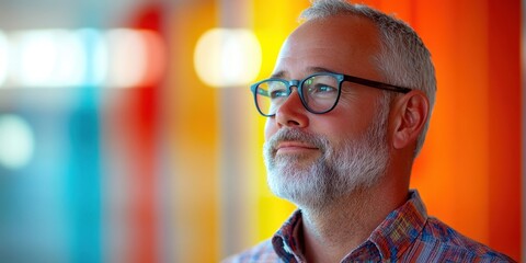 Reflective business professional in vibrant workspace concept of creativity indoor environment close-up perspective