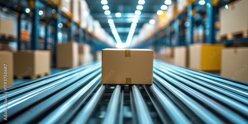 Poster warehouse action innovative package movement concept in industrial environment focus on streamlined 