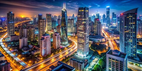 Stunning Aerial Night View of Modern City Skyline with Illuminated Infrastructure and Ample Copy Space