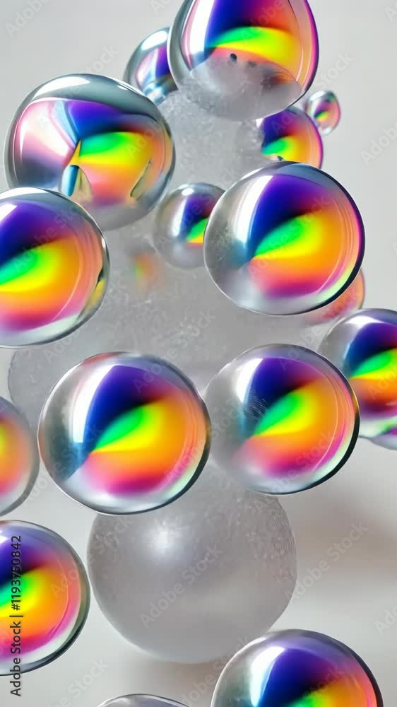 Poster colorful reflections in transparent bubbles arranged on a light background creating a vibrant displa