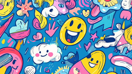 A fun and colorful hand-drawn style background with playful doodles, perfect for promoting children&rsquo;s events, parties, or activities with vibrant and engaging visuals.
