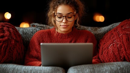 A woman is sitting on a couch with a laptop open in front of her. She is wearing glasses and she is focused on her computer screen. Concept of relaxation and leisure