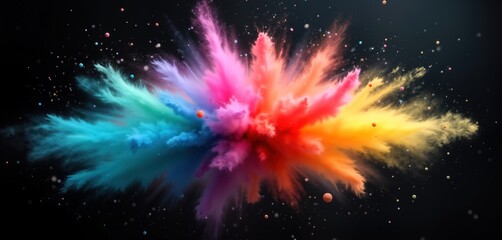 Colorful chalk explosion creates vibrant dust cloud against black background. Rainbow colors spread in dynamic motion. Artistic abstract explosion photo. Perfect for advertising projects, design