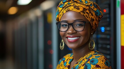 A woman wearing a colorful head scarf and glasses is smiling. She is standing in front of a wall of computer servers