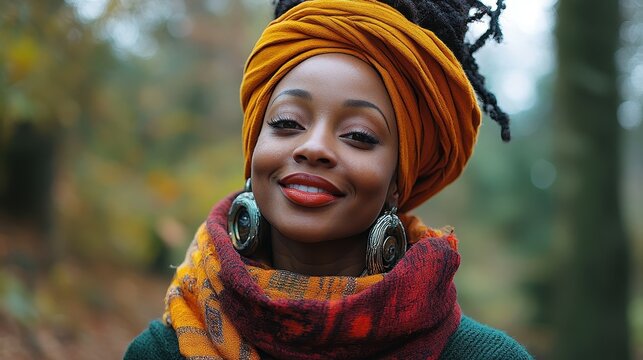 A woman wearing a scarf and a yellow head wrap is smiling. She has red lips and is wearing earrings
