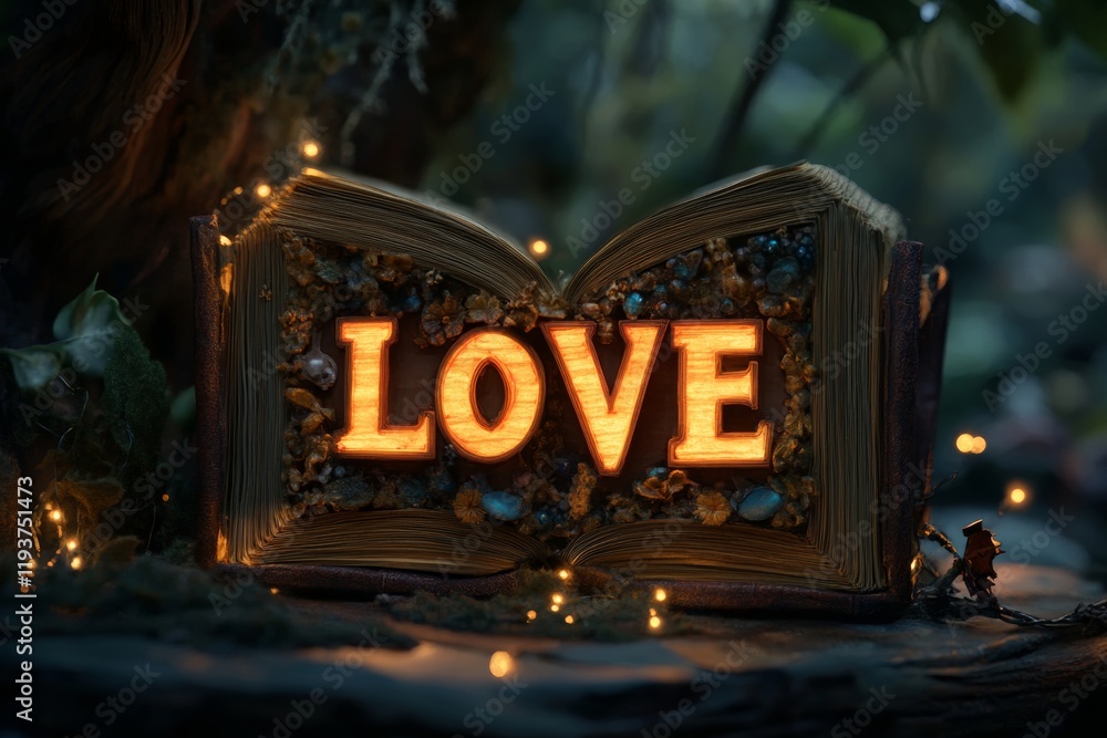 Poster an open book displays the word love formed by the first letters of each chapter. the setting is magi