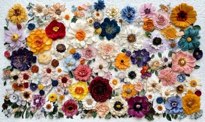 A beautiful collection of colorful flowers arranged in a floral pattern across a pristine white surface, floral design, colorful flowers, colorful blooms, white