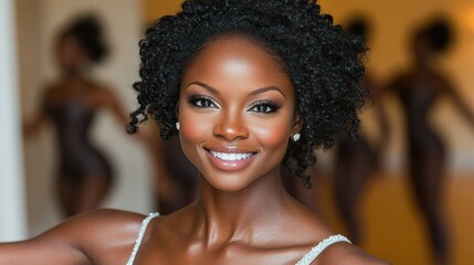 A woman with curly hair is smiling and wearing a dress. She is surrounded by other women in black