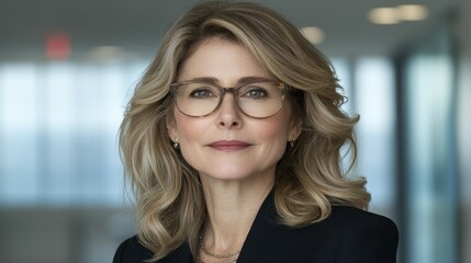 A woman with glasses and a black suit. She is smiling and looking directly at the camera. Concept of confidence and professionalism