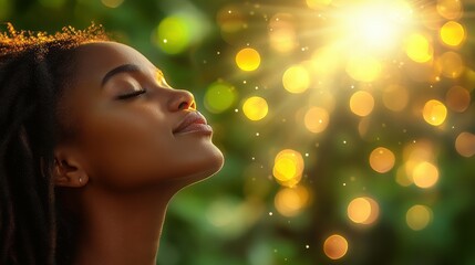 Fototapeta premium A woman with her eyes closed and a peaceful expression on her face. The background is filled with bright, glowing lights that create a serene and calming atmosphere