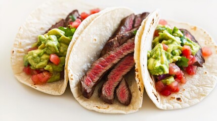 A ribeye steak tacos, fusion cuisine style, soft tortilla with steak strips, pico de gallo and guacamole, isolated on white background