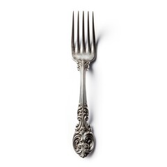 Vintage Ornate Silver Fork - Isolated Cutlery on White Background for Antique Retro Style Decoration