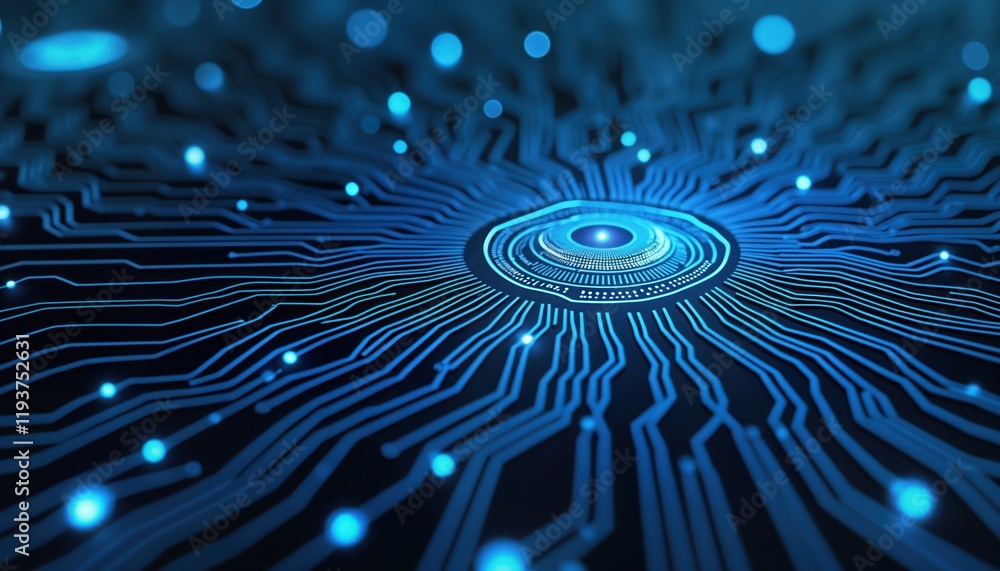 Poster Modern tech circuit board design. Complex pattern of glowing blue lines, glowing points. Central processing unit chip. Advanced tech concept. Generative AI created futuristic tech. Illustrative