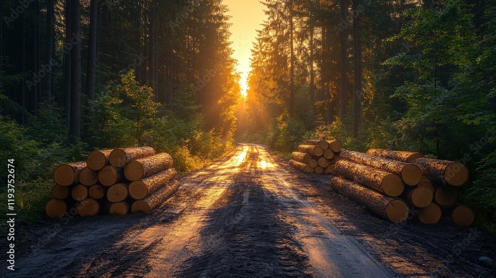 Poster sunlit forest path with timber logs and golden hour glow through lush green trees in a serene landsc