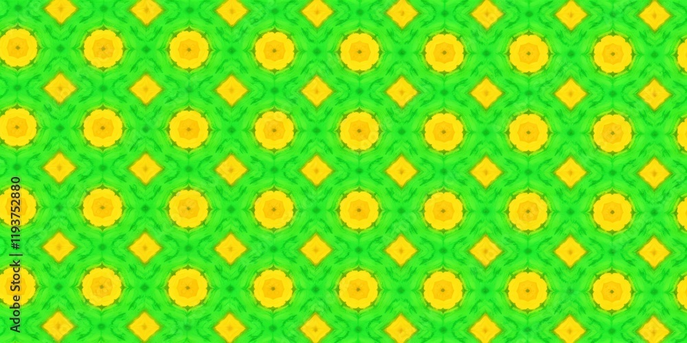 Poster pattern of yellow and green squares and circles. the pattern is very intricate and detailed. the col